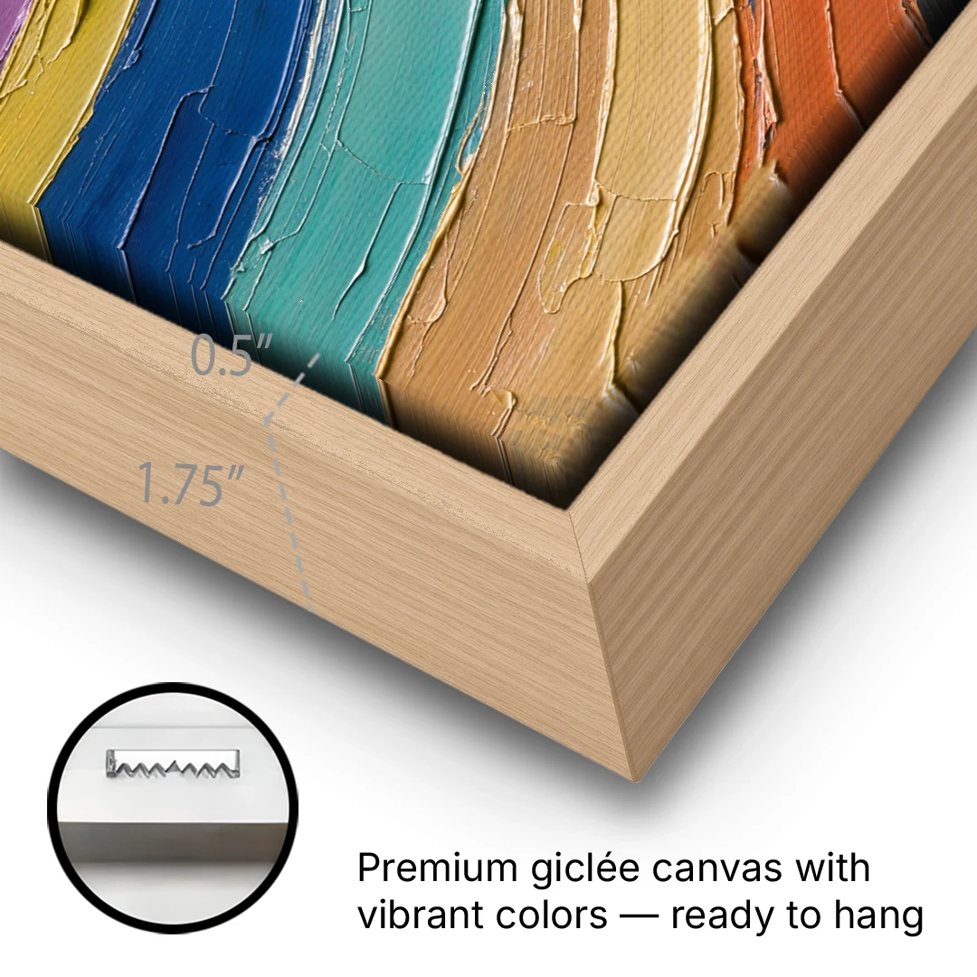 Textured Abstract Buckled Rainbow Strata - Oak Framed Canvas Wall Art - Gallery Wrap Corner