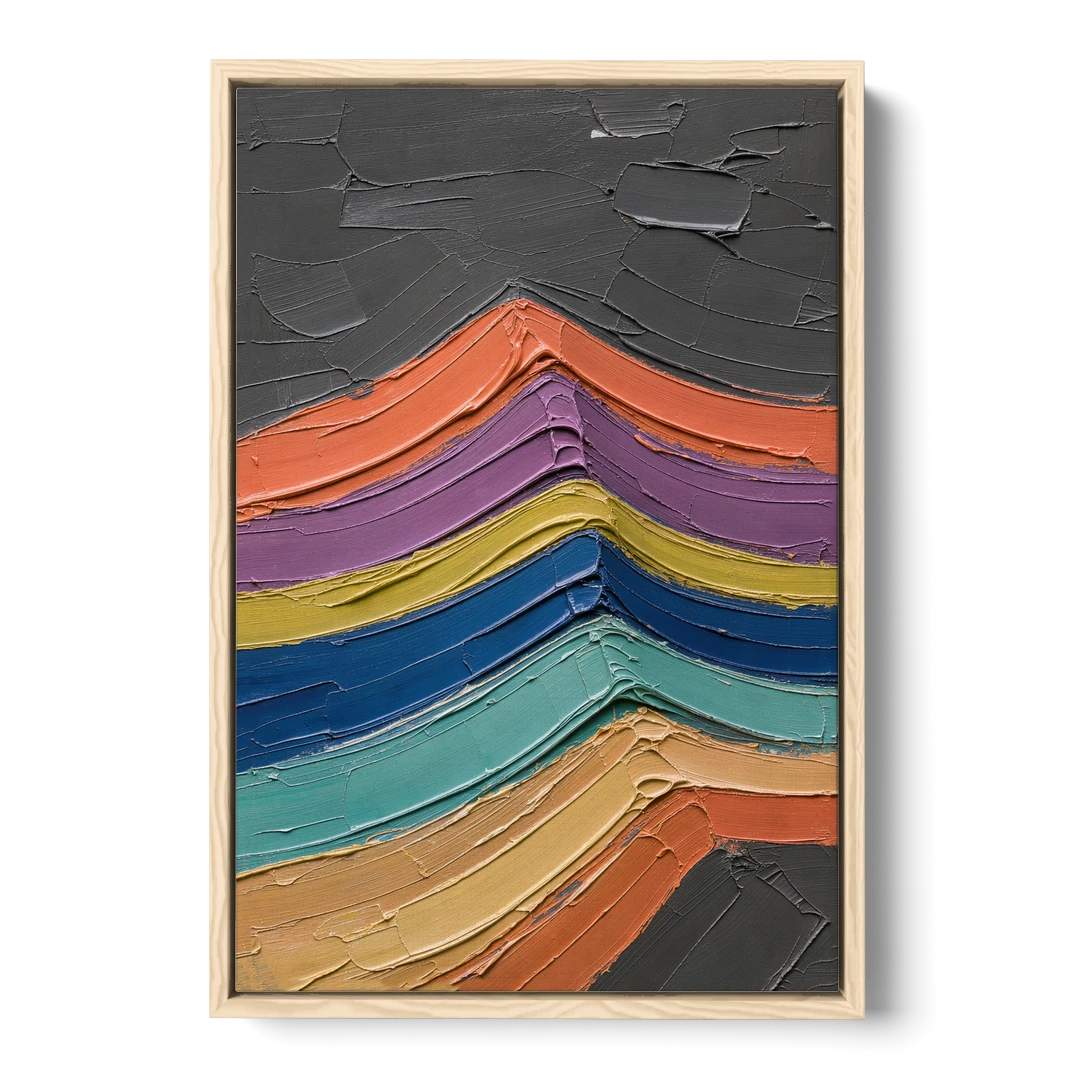 Textured Abstract Buckled Rainbow Strata - Oak Framed Canvas Wall Art - Front