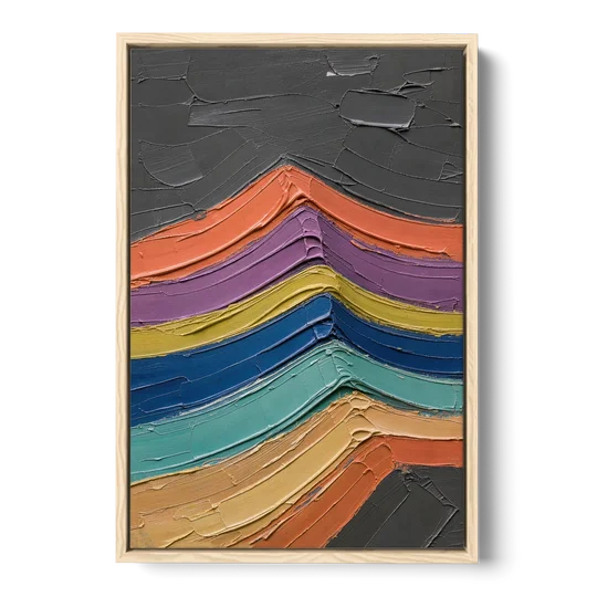 Textured Abstract Buckled Rainbow Strata - Oak Framed Canvas Wall Art - Front