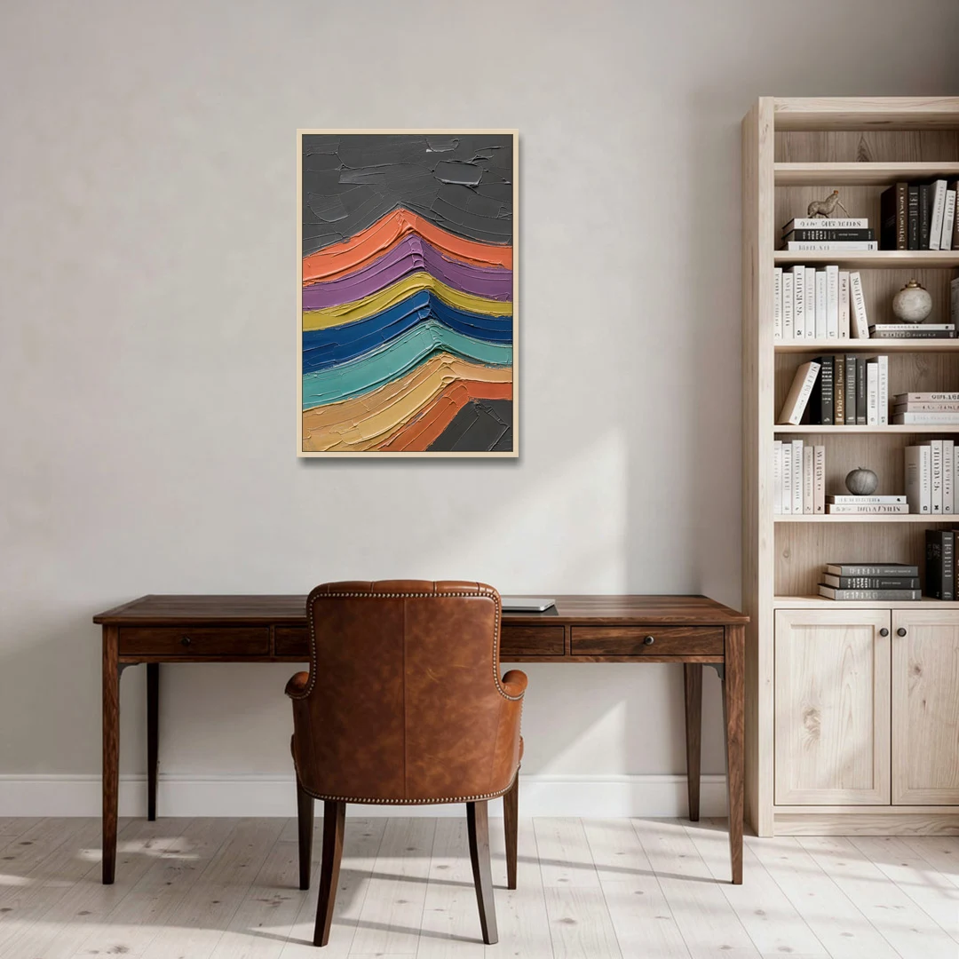 Textured Abstract Buckled Rainbow Strata - Oak Framed Canvas Wall Art - Office - 24x36