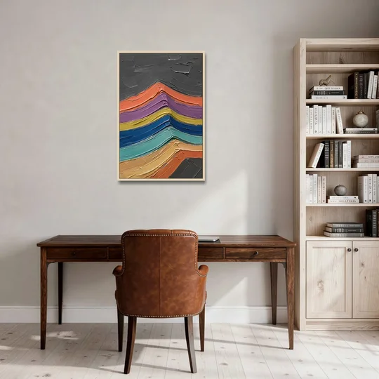 Textured Abstract Buckled Rainbow Strata - Oak Framed Canvas Wall Art - Office - 24x36
