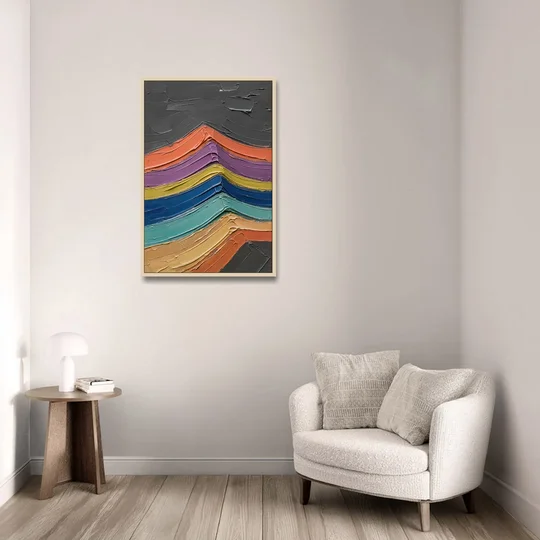 Textured Abstract Buckled Rainbow Strata - Oak Framed Canvas Wall Art - Sofa - 24x36