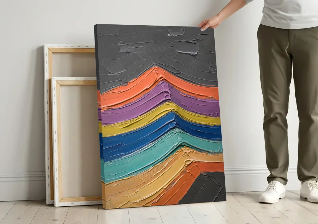 Textured Abstract Buckled Rainbow Strata canvas wall art leaning against a wall next to blank canvases