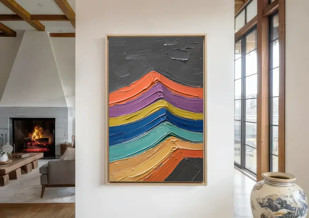 Textured Abstract Buckled Rainbow Strata canvas wall art in a living room with a fireplace