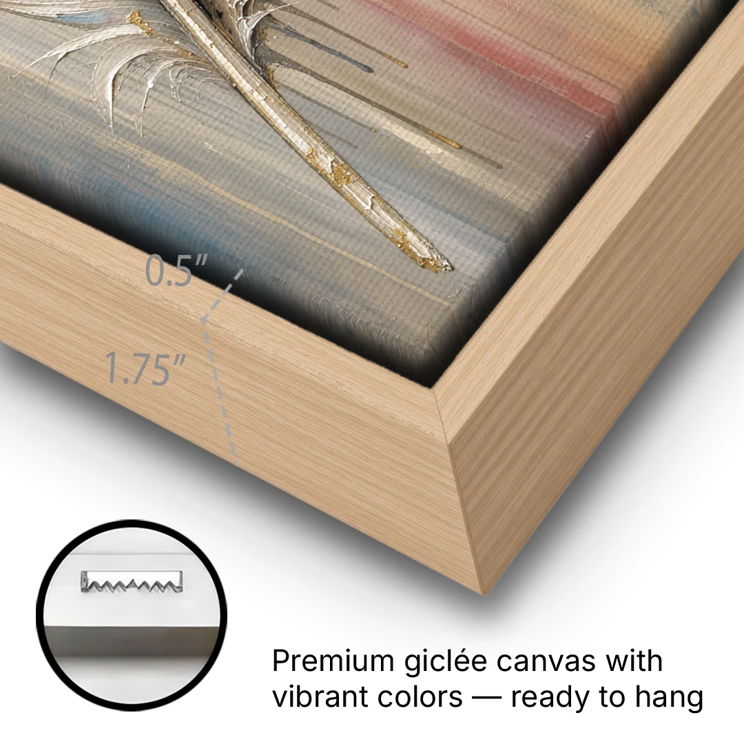 Textured Abstract Greige Gilded Feather - Oak Framed Canvas Wall Art - Gallery Wrap Corner