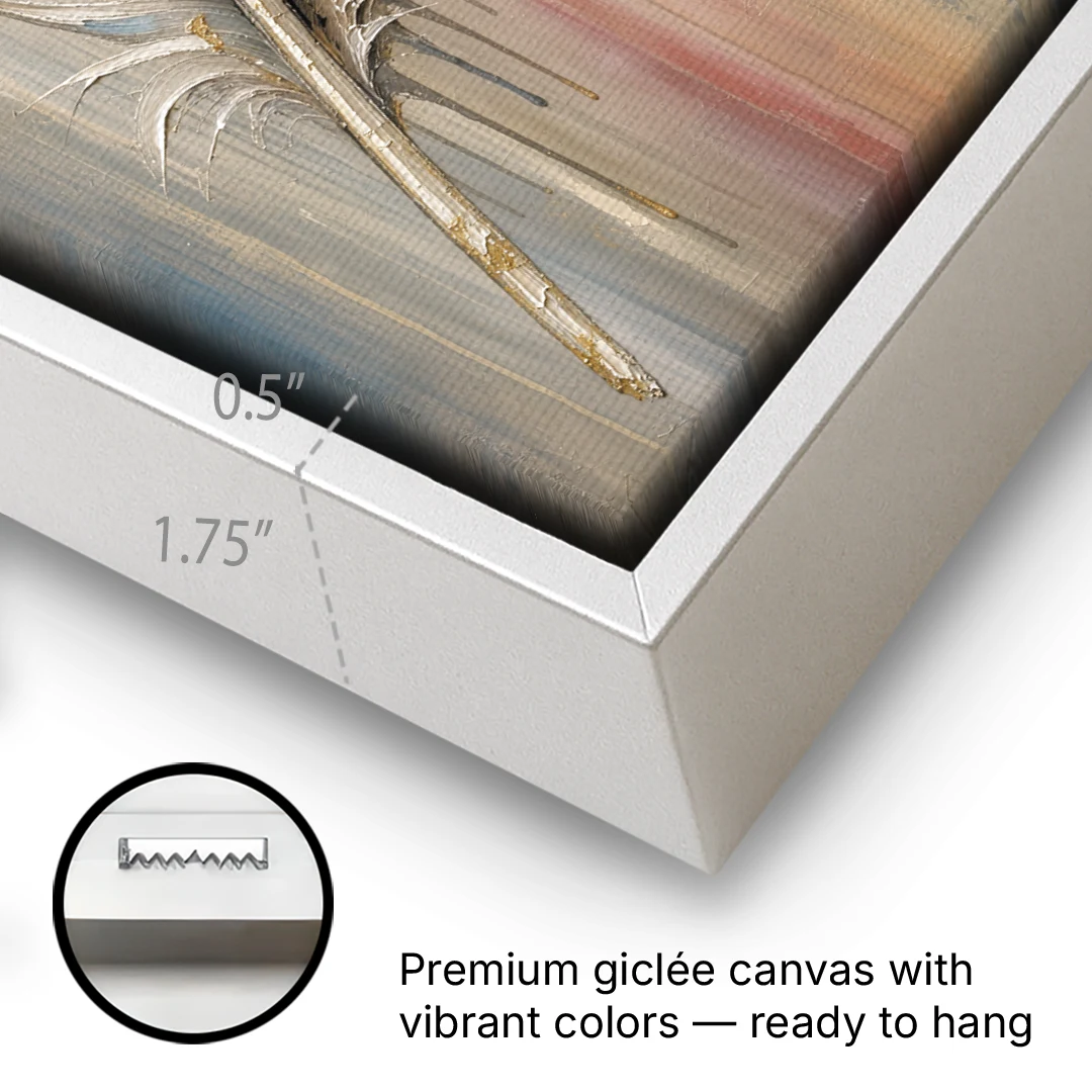 Textured Abstract Greige Gilded Feather - White Framed Canvas Wall Art - Gallery Wrap Corner