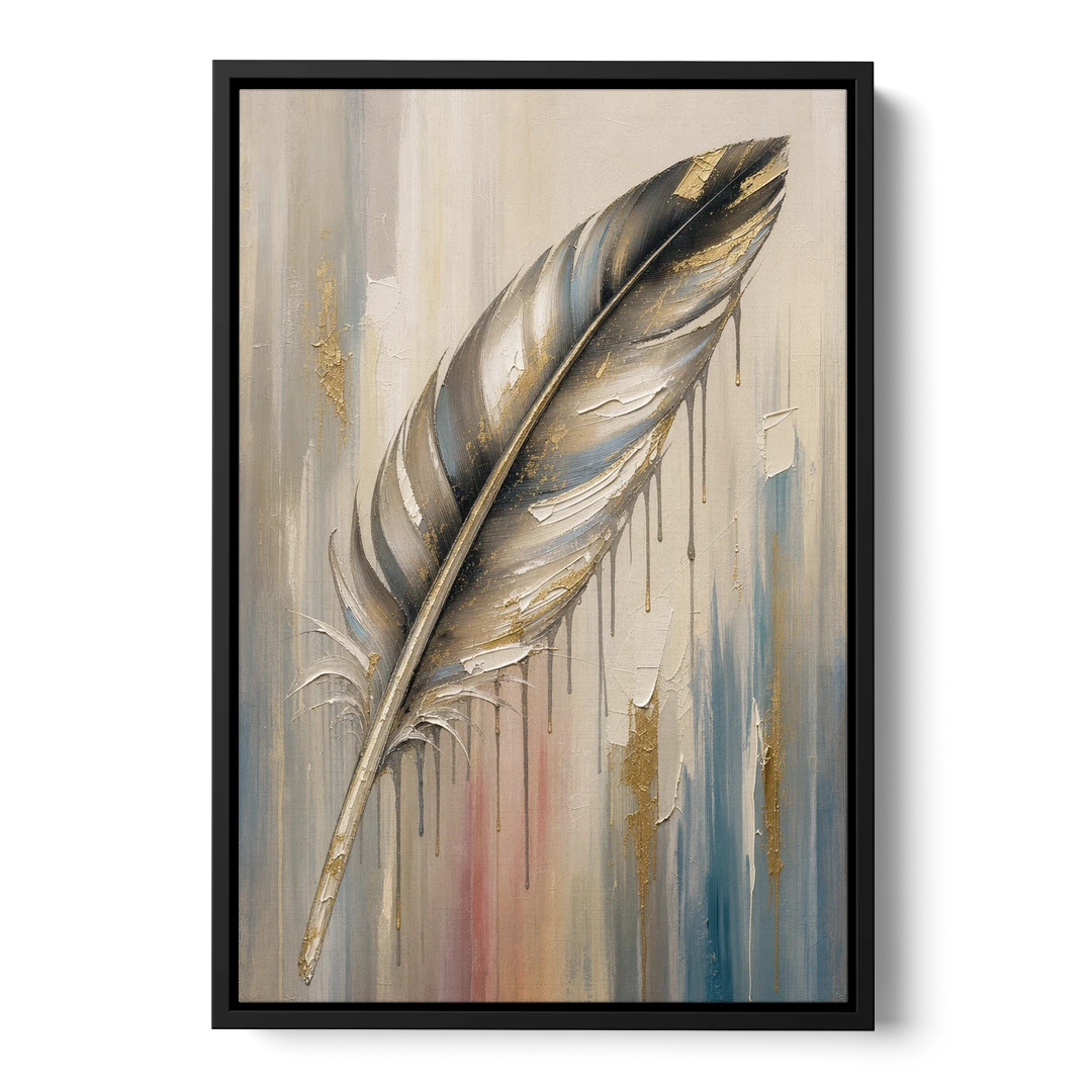 Textured Abstract Greige Gilded Feather - Black Framed Canvas Wall Art - Front