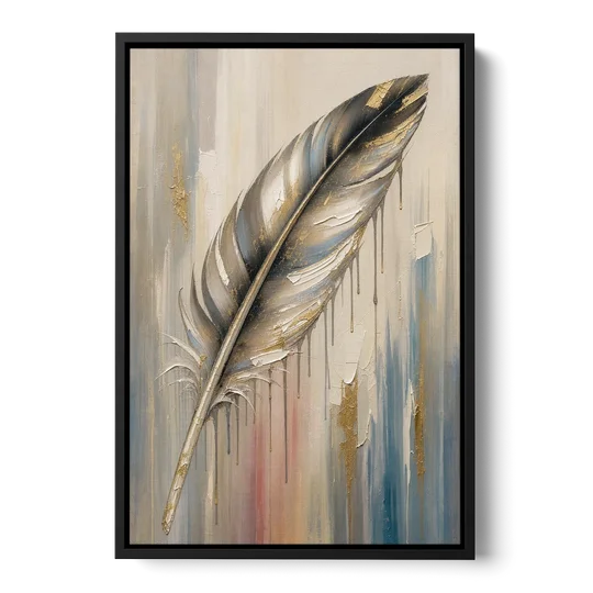 Textured Abstract Greige Gilded Feather - Black Framed Canvas Wall Art - Front