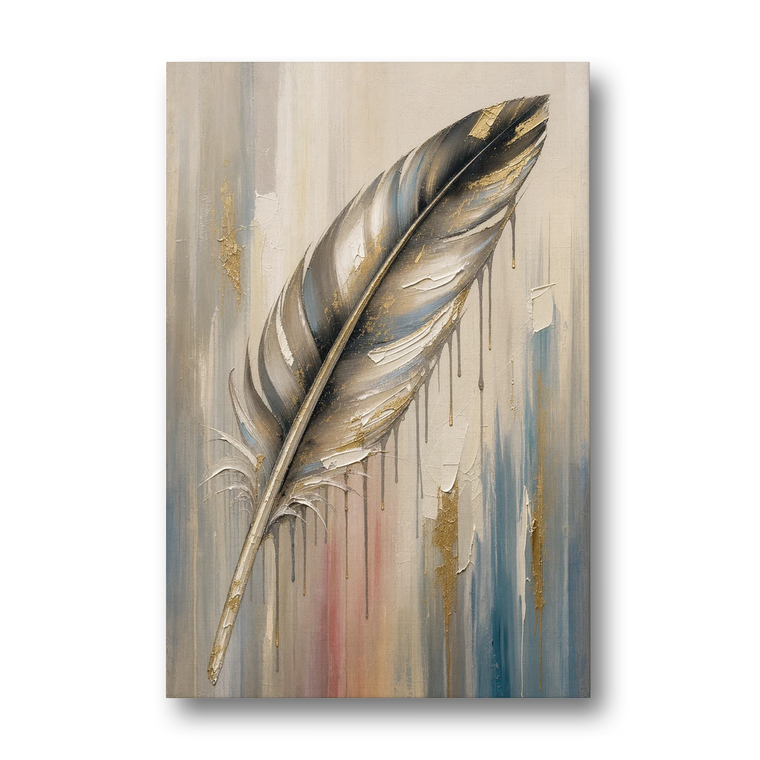 Textured Abstract Greige Gilded Feather - Canvas Wall Art - Front