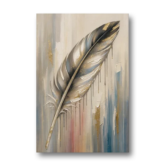 Textured Abstract Greige Gilded Feather - Canvas Wall Art - Front