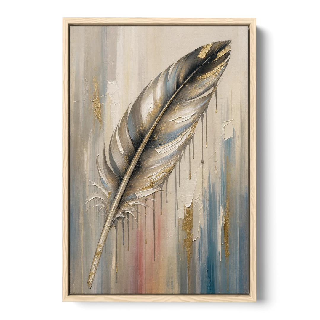 Textured Abstract Greige Gilded Feather - Oak Framed Canvas Wall Art - Front