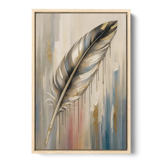 Textured Abstract Greige Gilded Feather - Oak Framed Canvas Wall Art - Front