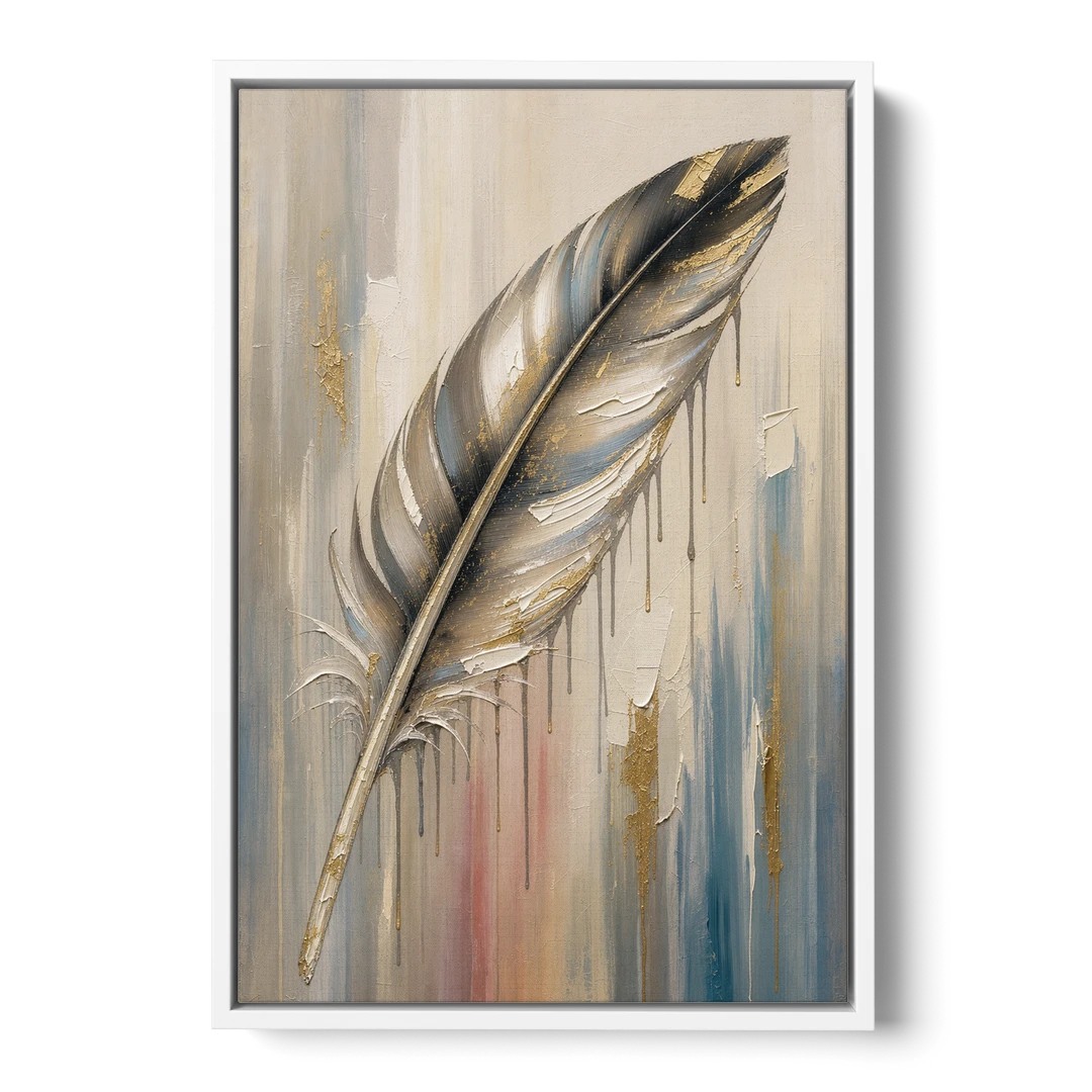 Textured Abstract Greige Gilded Feather - White Framed Canvas Wall Art - Front