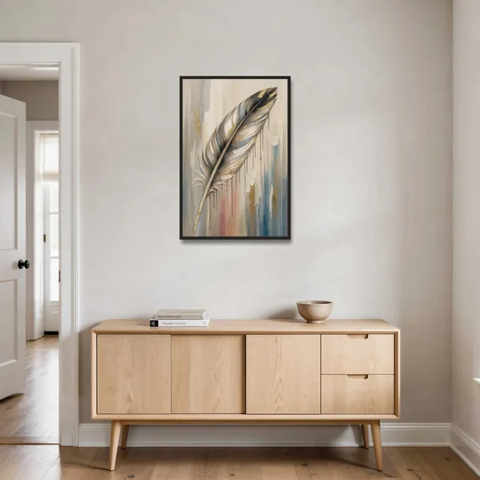 Textured Abstract Greige Gilded Feather - Black Framed Canvas Wall Art - Coffee Table - 24x36
