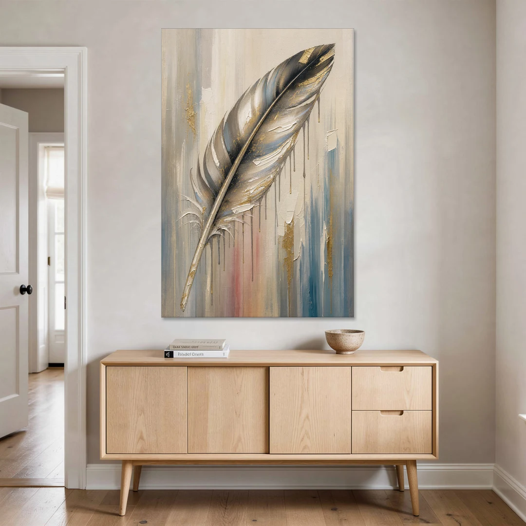 Textured Abstract Greige Gilded Feather - Canvas Wall Art - Coffee Table - 40x60