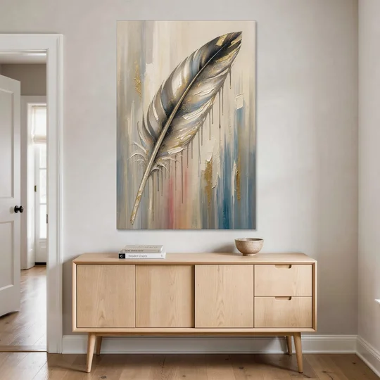 Textured Abstract Greige Gilded Feather - Canvas Wall Art - Coffee Table - 40x60