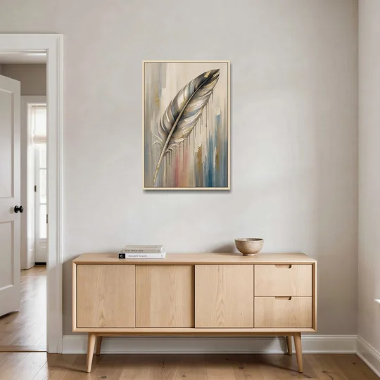 Textured Abstract Greige Gilded Feather - Oak Framed Canvas Wall Art - Coffee Table - 24x36