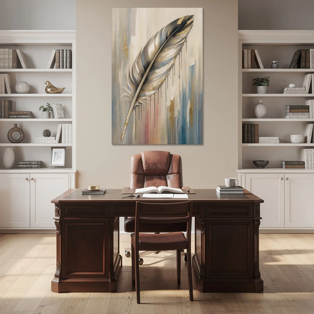 Textured Abstract Greige Gilded Feather - Canvas Wall Art - Office - 40x60