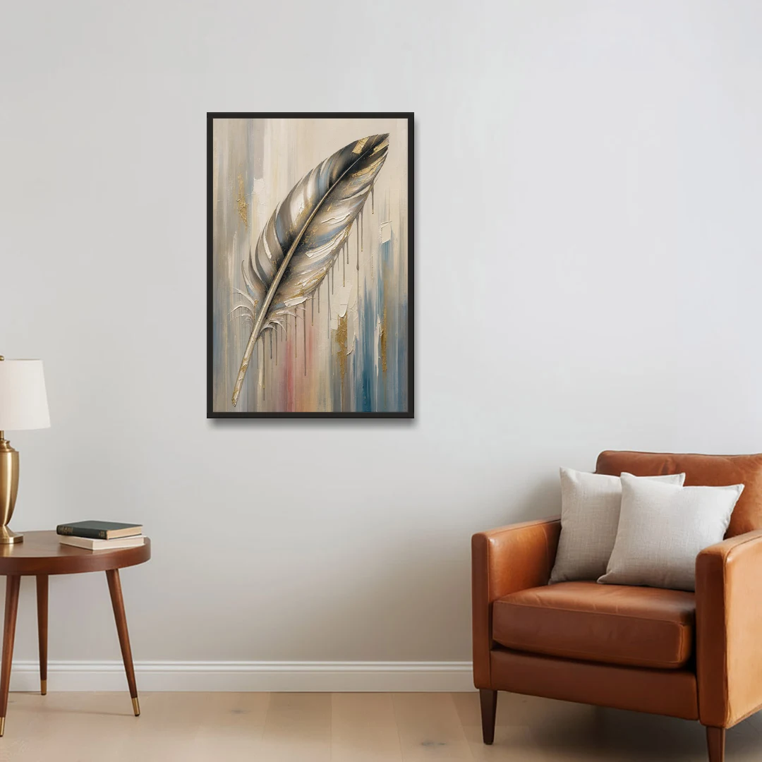 Textured Abstract Greige Gilded Feather - Black Framed Canvas Wall Art - Sofa - 24x36