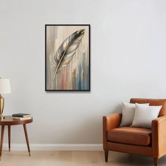 Textured Abstract Greige Gilded Feather - Black Framed Canvas Wall Art - Sofa - 24x36