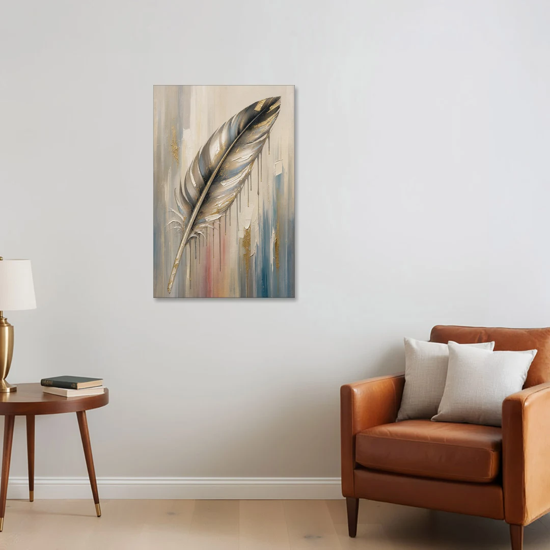 Textured Abstract Greige Gilded Feather - Canvas Wall Art - Sofa - 24x36