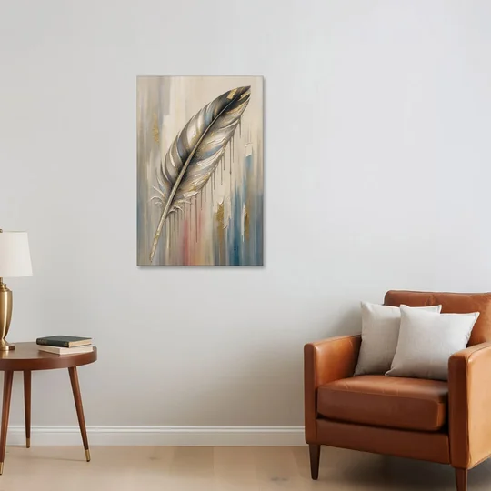 Textured Abstract Greige Gilded Feather - Canvas Wall Art - Sofa - 24x36