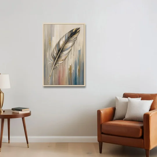 Textured Abstract Greige Gilded Feather - Oak Framed Canvas Wall Art - Sofa - 24x36