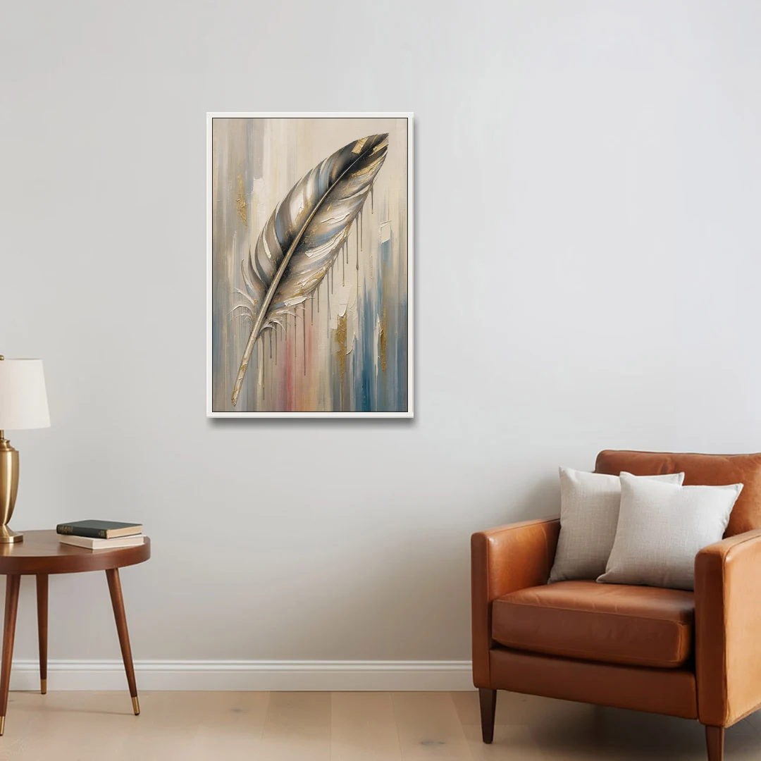 Textured Abstract Greige Gilded Feather - White Framed Canvas Wall Art - Sofa - 24x36