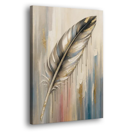 Textured Abstract Greige Gilded Feather - Canvas Wall Art - Side