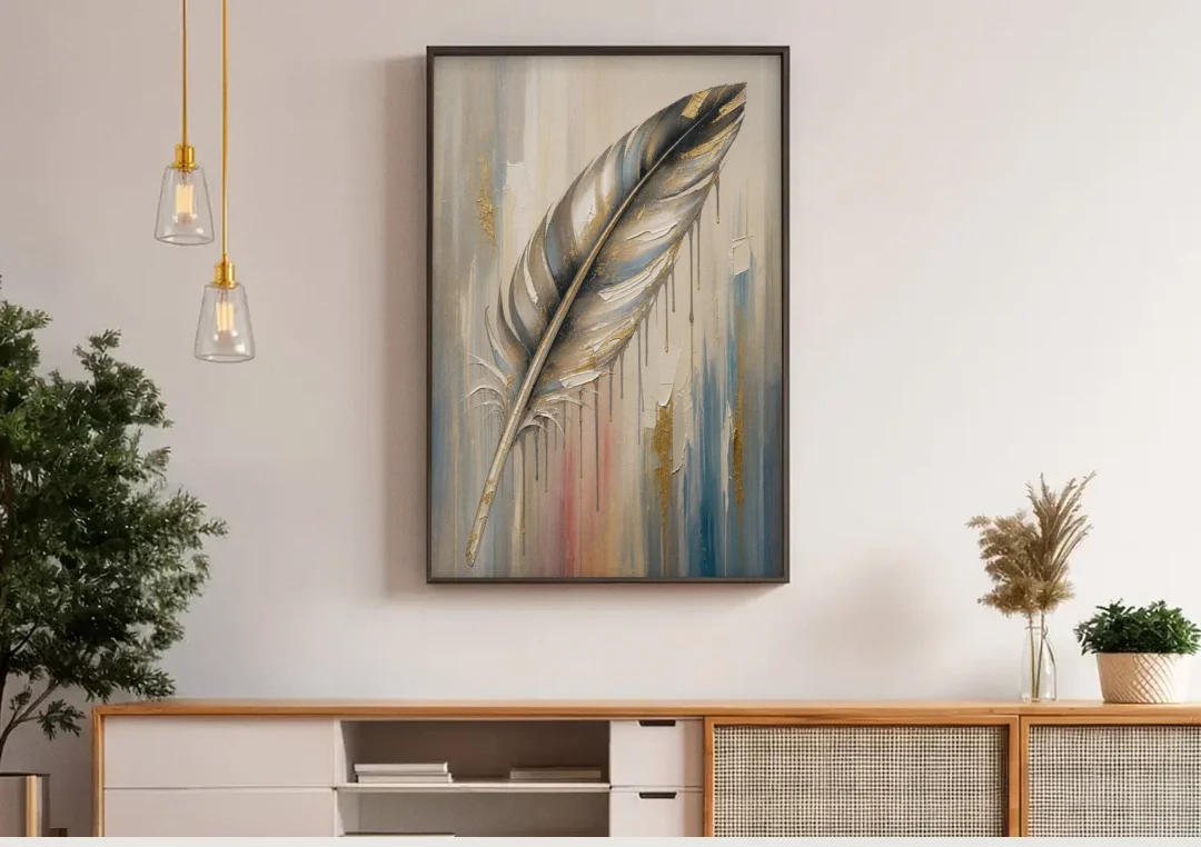 Textured Abstract Greige Gilded Feather canvas wall art above a wooden sideboard under pendant lights