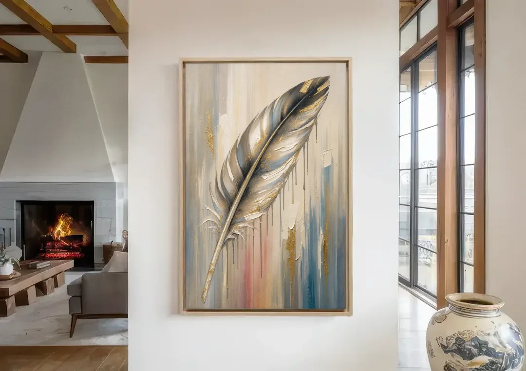 Textured Abstract Greige Gilded Feather canvas wall art in a living room with a fireplace