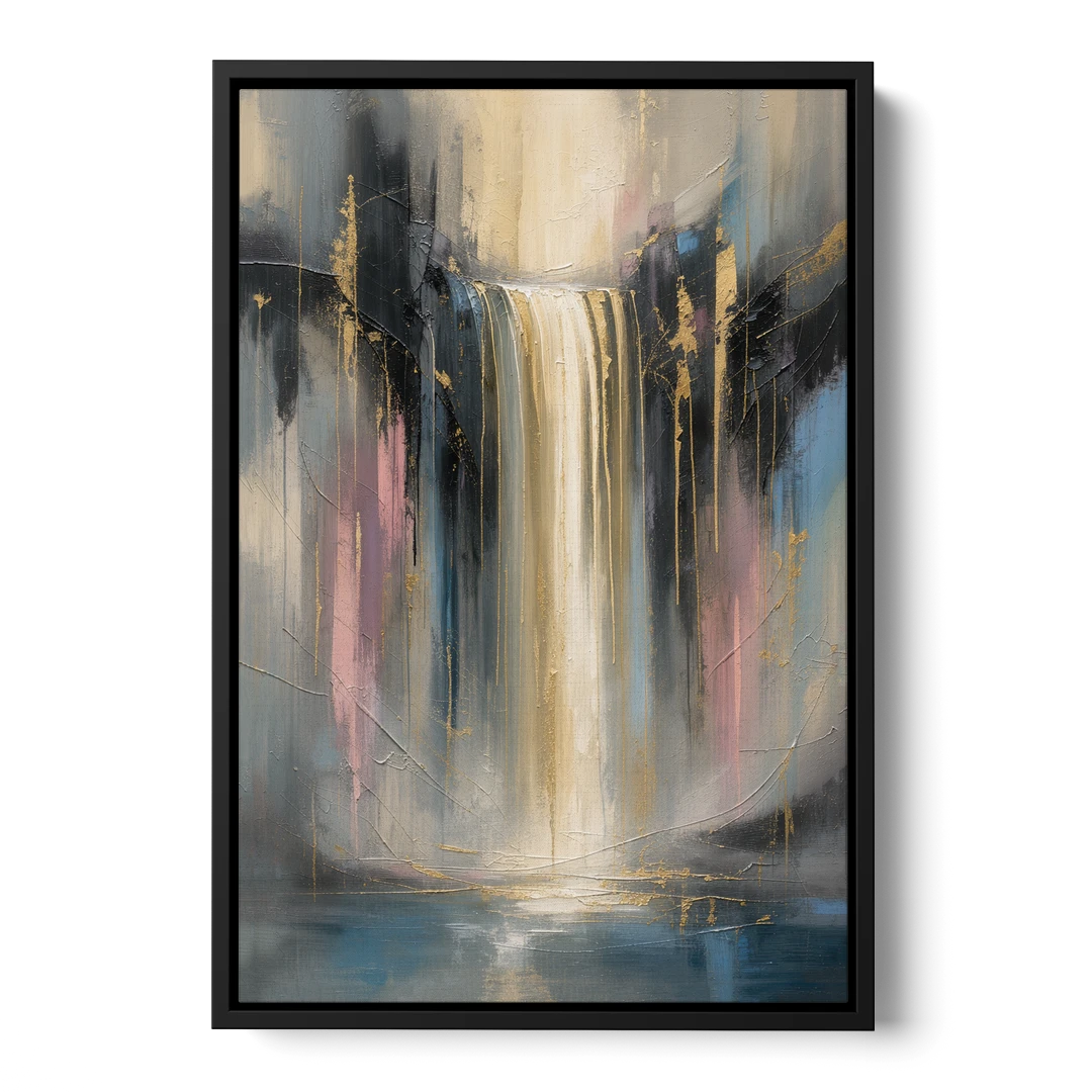 Textured Abstract Painting of a Gilded Waterfall - Black Framed Canvas Wall Art - Front
