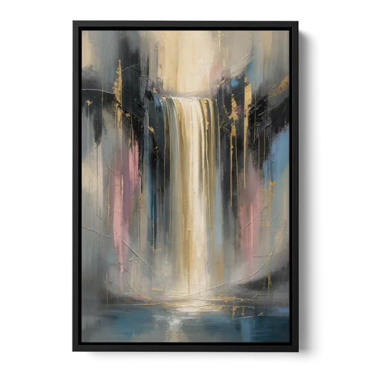 Textured Abstract Painting of a Gilded Waterfall - Black Framed Canvas Wall Art - Front