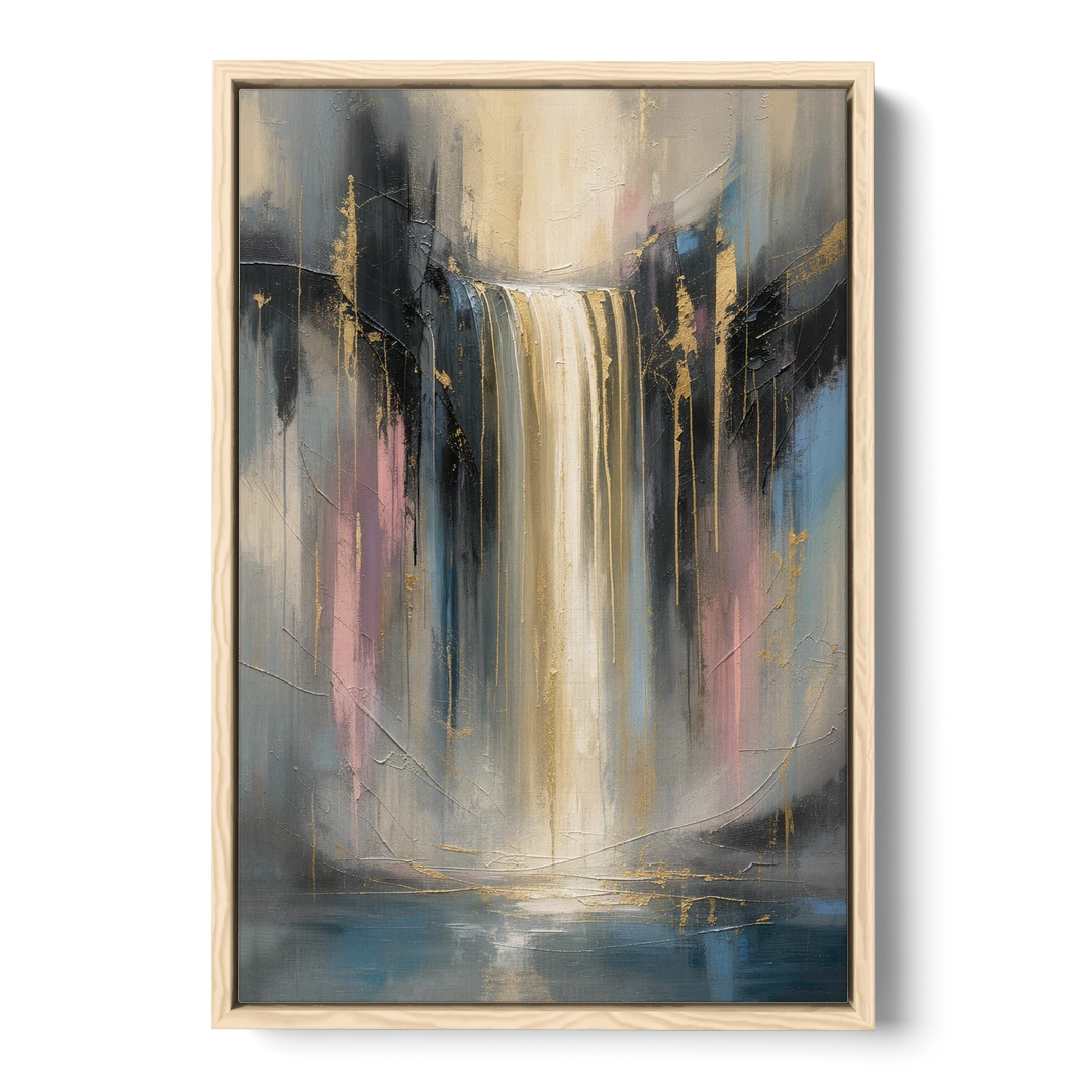 Textured Abstract Painting of a Gilded Waterfall - Oak Framed Canvas Wall Art - Front