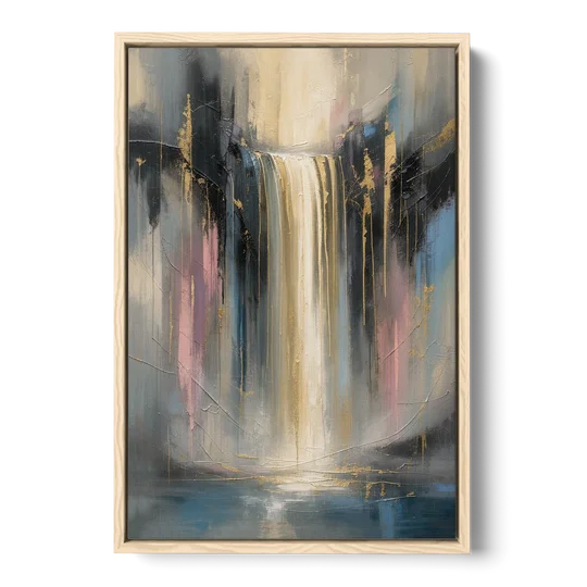 Textured Abstract Painting of a Gilded Waterfall - Oak Framed Canvas Wall Art - Front
