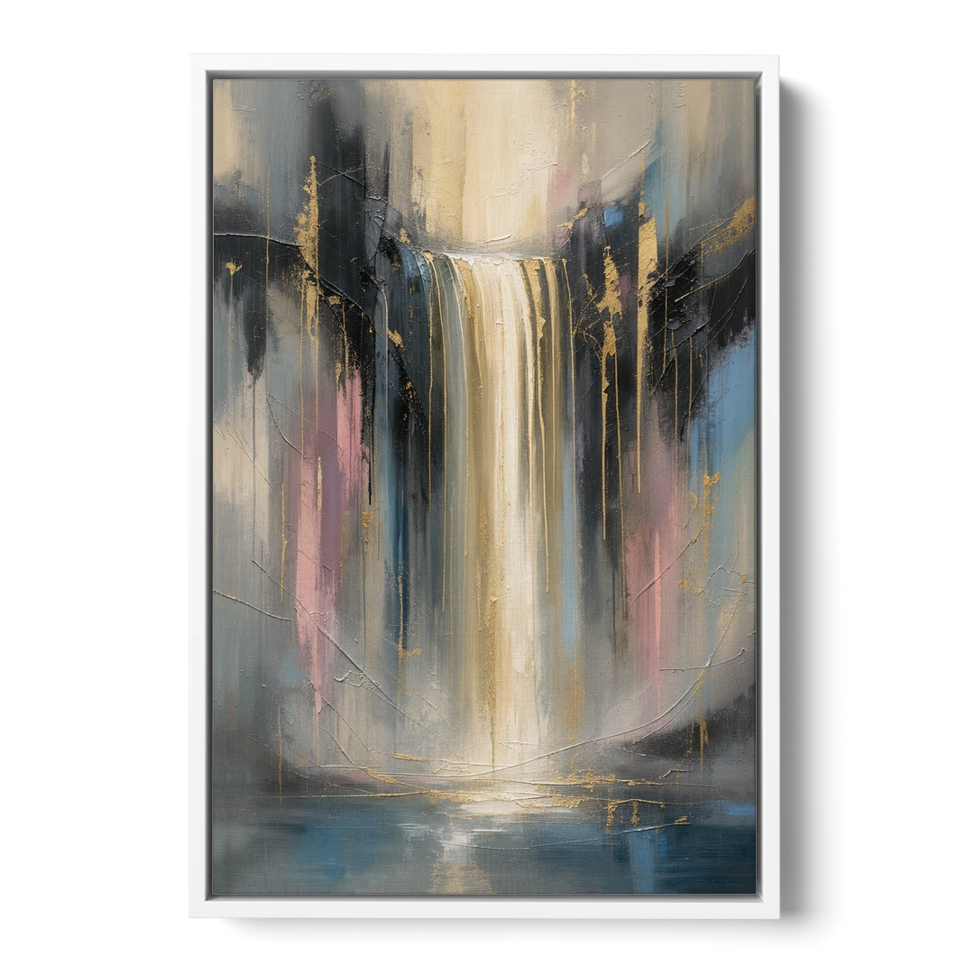 Textured Abstract Painting of a Gilded Waterfall - White Framed Canvas Wall Art - Front