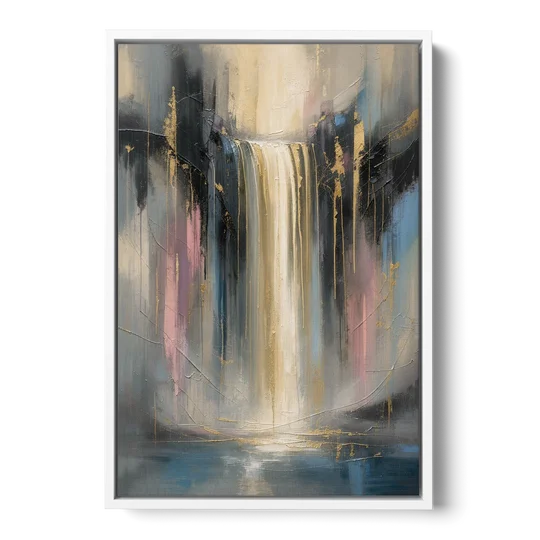 Textured Abstract Painting of a Gilded Waterfall - White Framed Canvas Wall Art - Front
