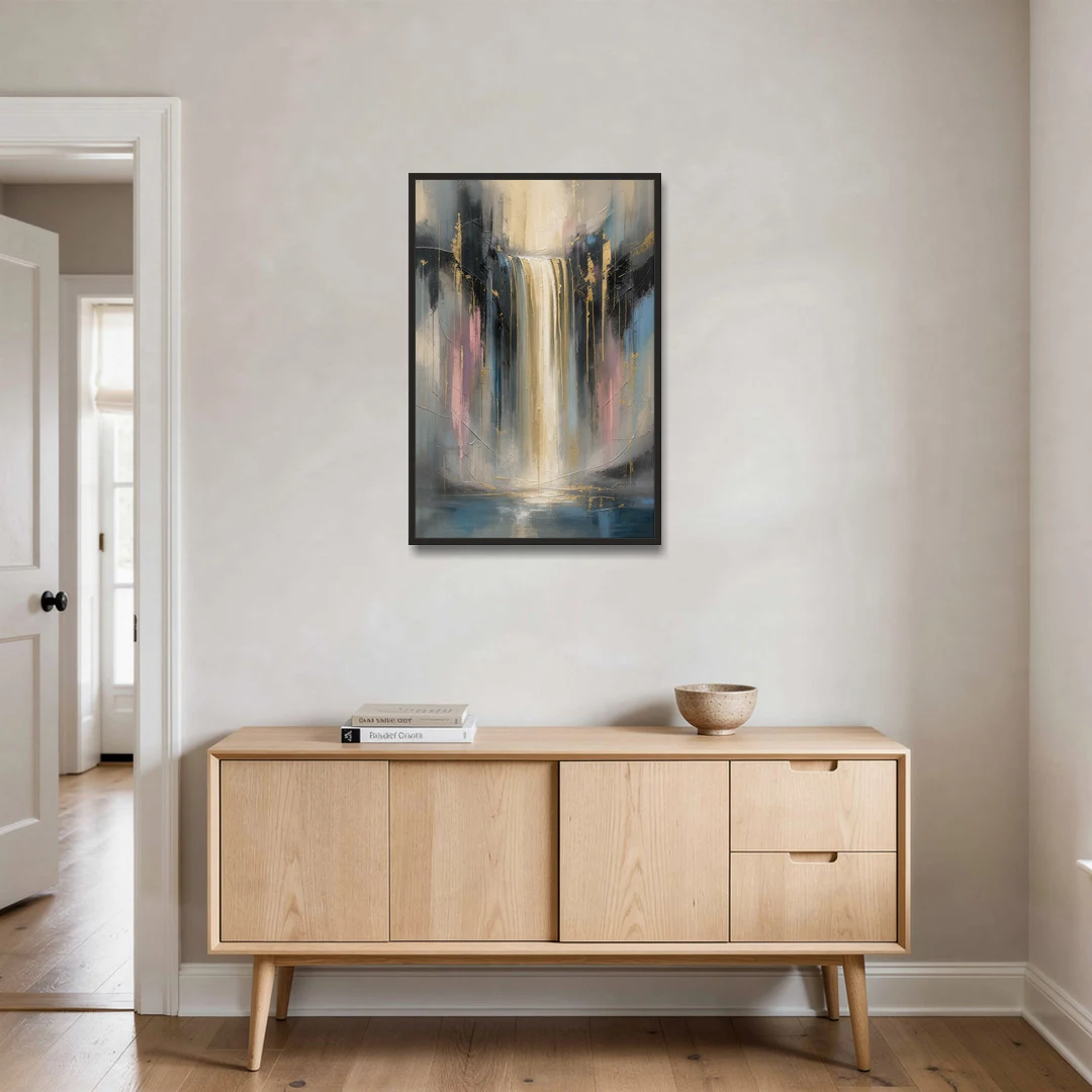 Textured Abstract Painting of a Gilded Waterfall - Black Framed Canvas Wall Art - Coffee Table - 24x36