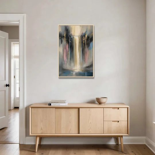 Textured Abstract Painting of a Gilded Waterfall - Oak Framed Canvas Wall Art - Coffee Table - 24x36