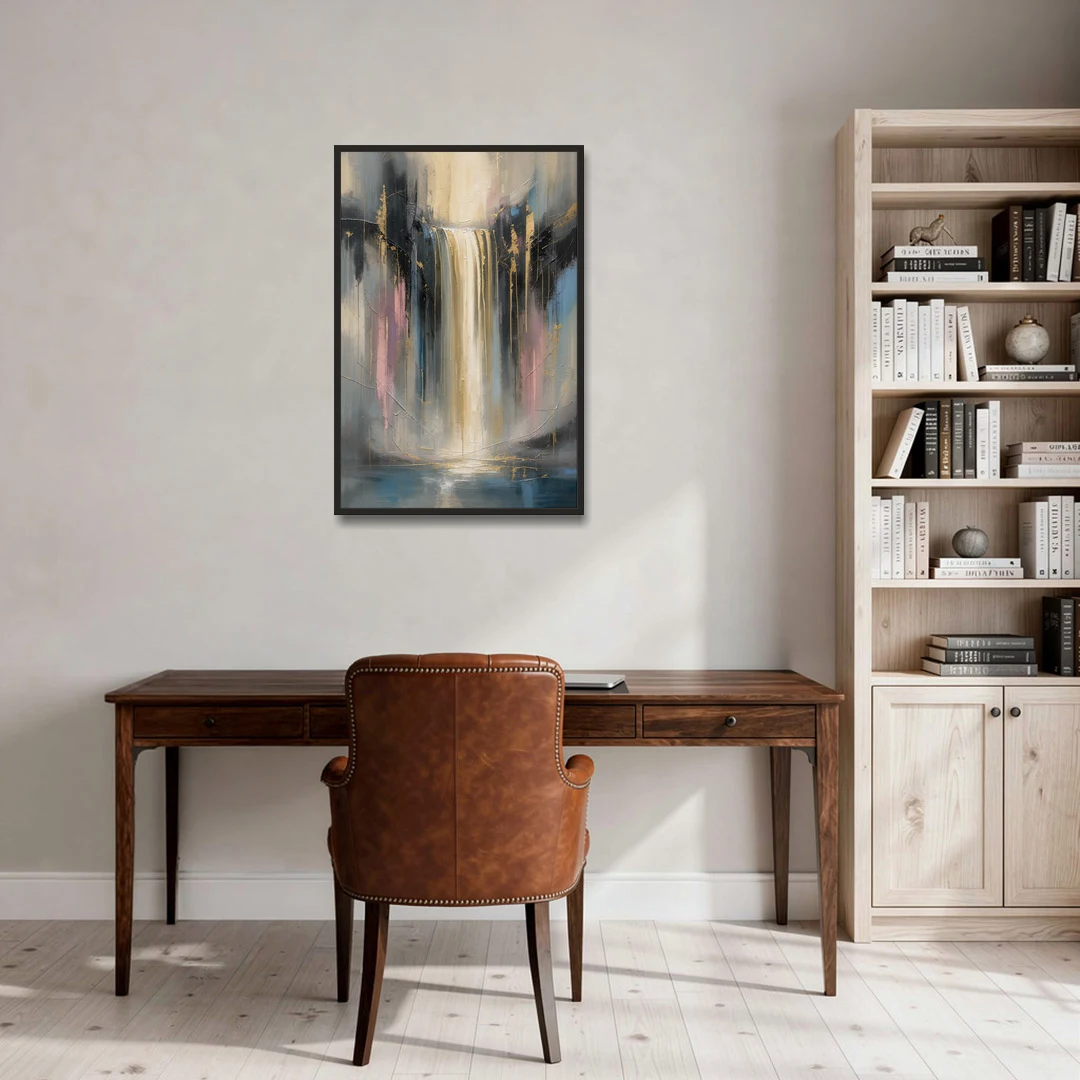 Textured Abstract Painting of a Gilded Waterfall - Black Framed Canvas Wall Art - Office - 24x36
