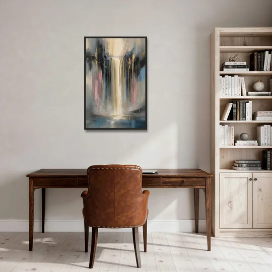 Textured Abstract Painting of a Gilded Waterfall - Black Framed Canvas Wall Art - Office - 24x36