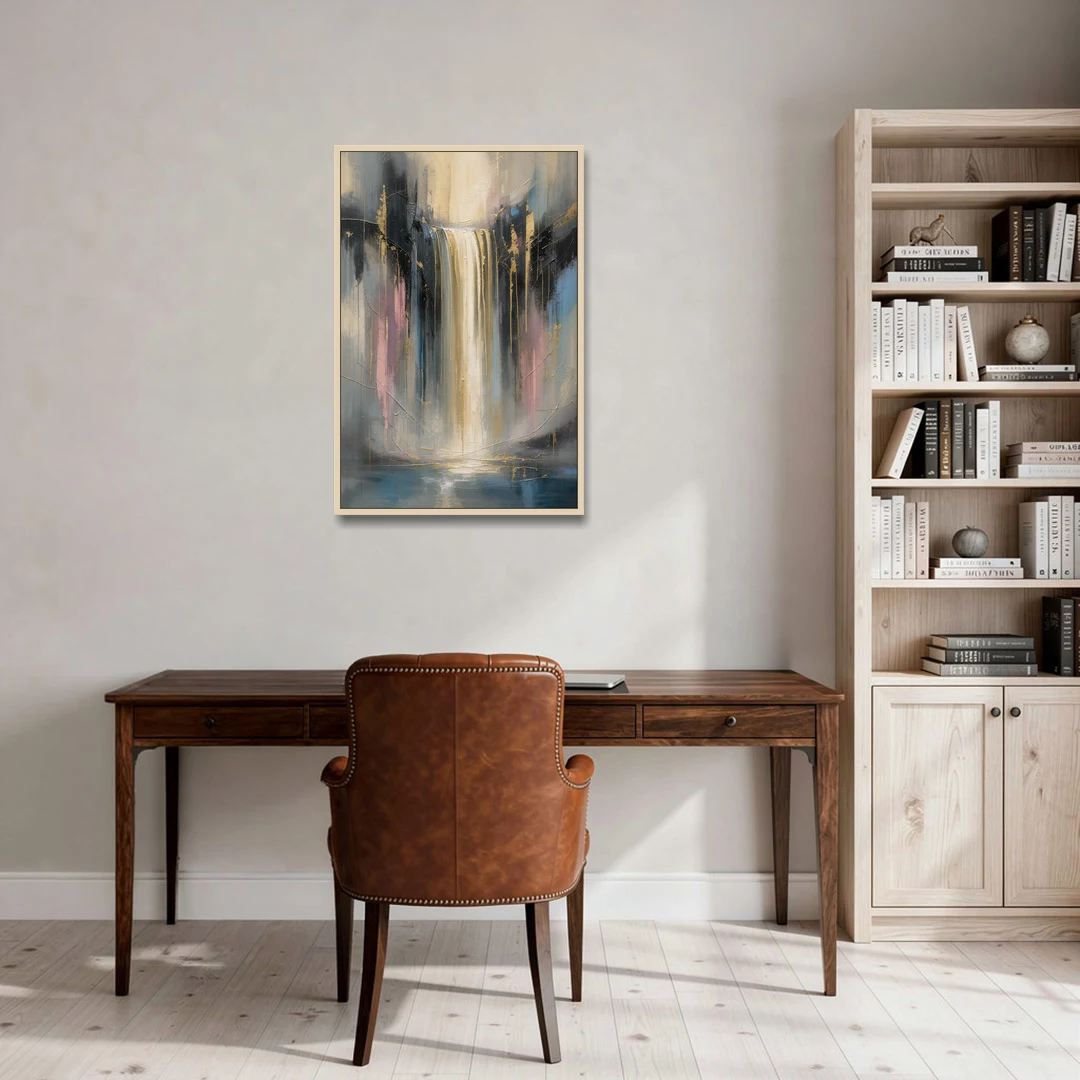 Textured Abstract Painting of a Gilded Waterfall - Oak Framed Canvas Wall Art - Office - 24x36