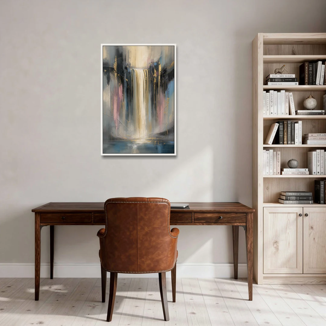 Textured Abstract Painting of a Gilded Waterfall - White Framed Canvas Wall Art - Office - 24x36