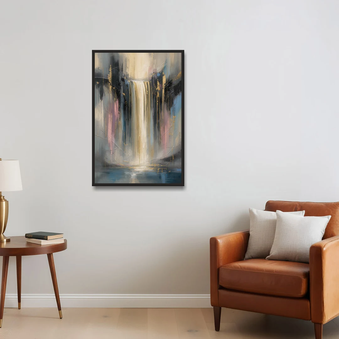 Textured Abstract Painting of a Gilded Waterfall - Black Framed Canvas Wall Art - Sofa - 24x36