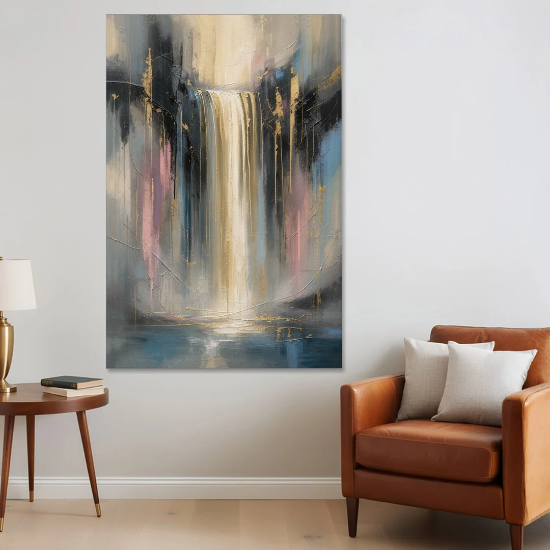 Textured Abstract Painting of a Gilded Waterfall - Canvas Wall Art - Sofa - 40x60