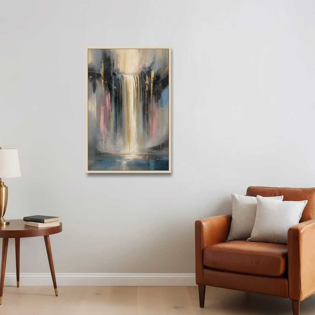 Textured Abstract Painting of a Gilded Waterfall - Oak Framed Canvas Wall Art - Sofa - 24x36