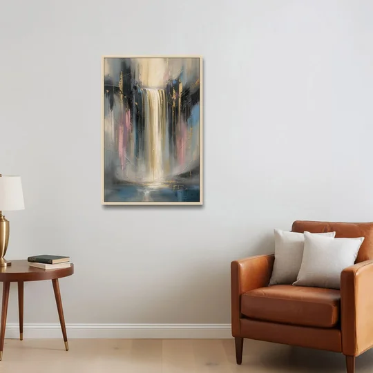Textured Abstract Painting of a Gilded Waterfall - Oak Framed Canvas Wall Art - Sofa - 24x36