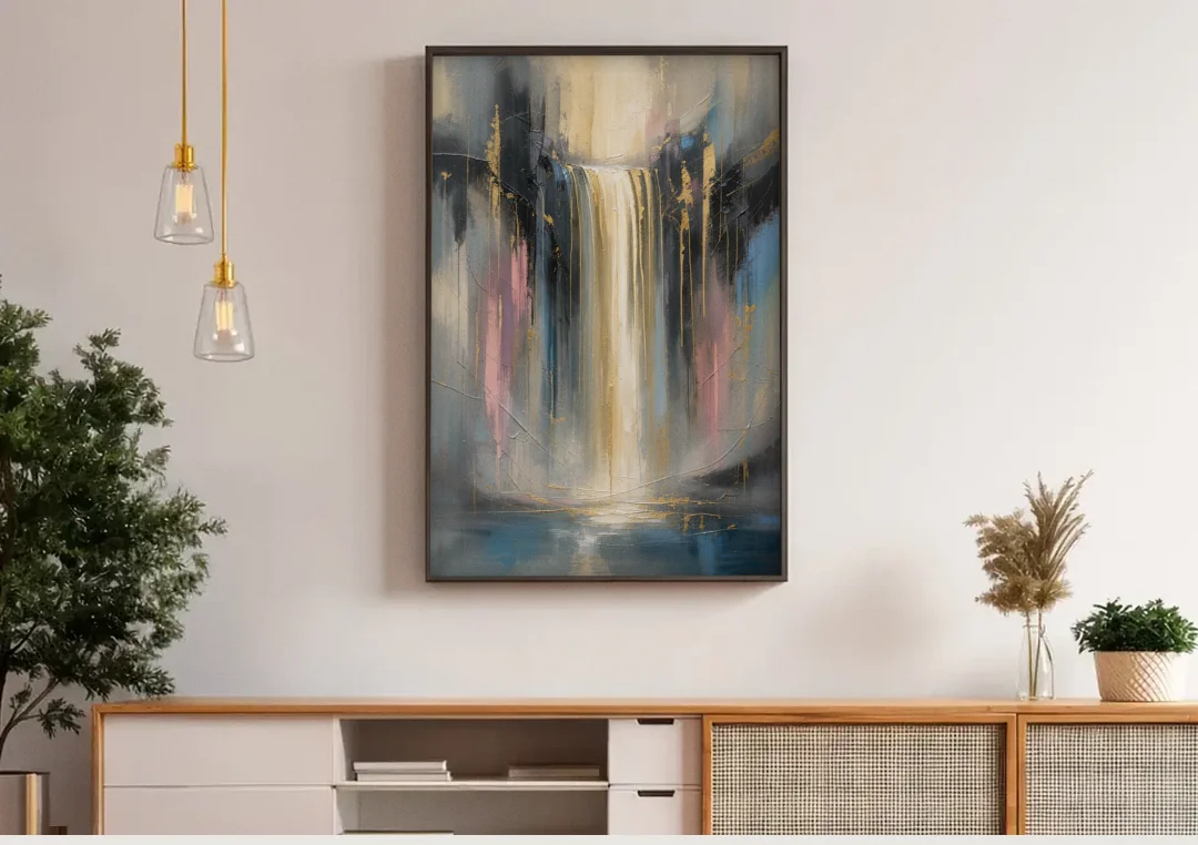 Textured Abstract Painting of a Gilded Waterfall canvas wall art above a wooden sideboard under pendant lights