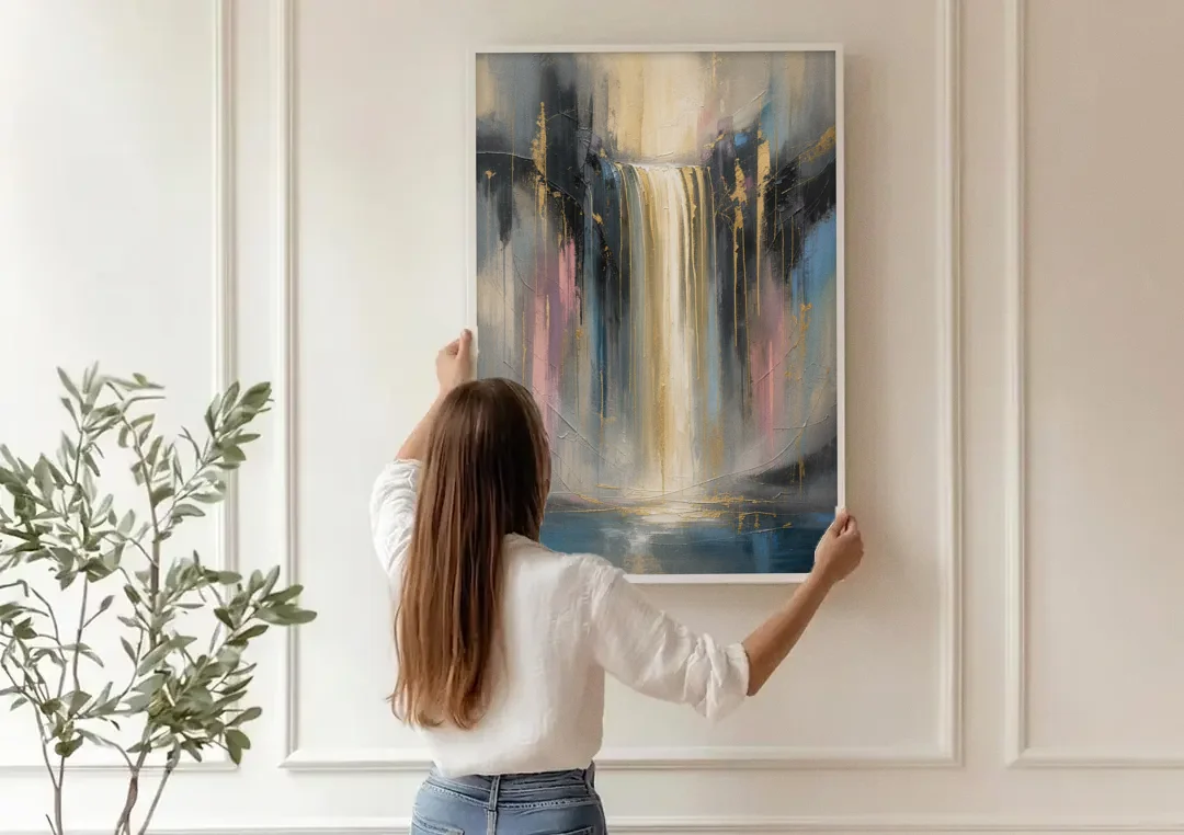 Textured Abstract Painting of a Gilded Waterfall canvas wall art being hung on a paneled wall