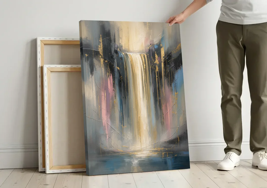 Textured Abstract Painting of a Gilded Waterfall canvas wall art leaning against a wall next to blank canvases